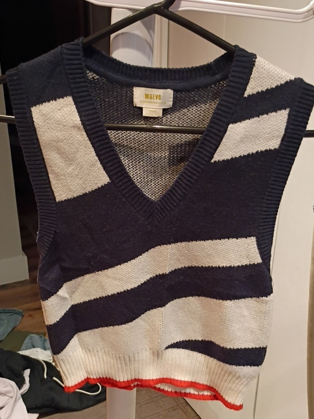 Maeve Navy, Cream & Red Striped V-Neck Sweater Vest